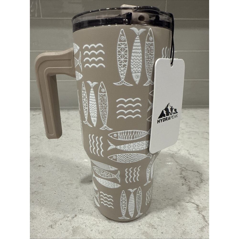 Hydrapeak FISH Print 25-oz Tumbler W Handle Lid Steel Travel Mug NEW Fishing